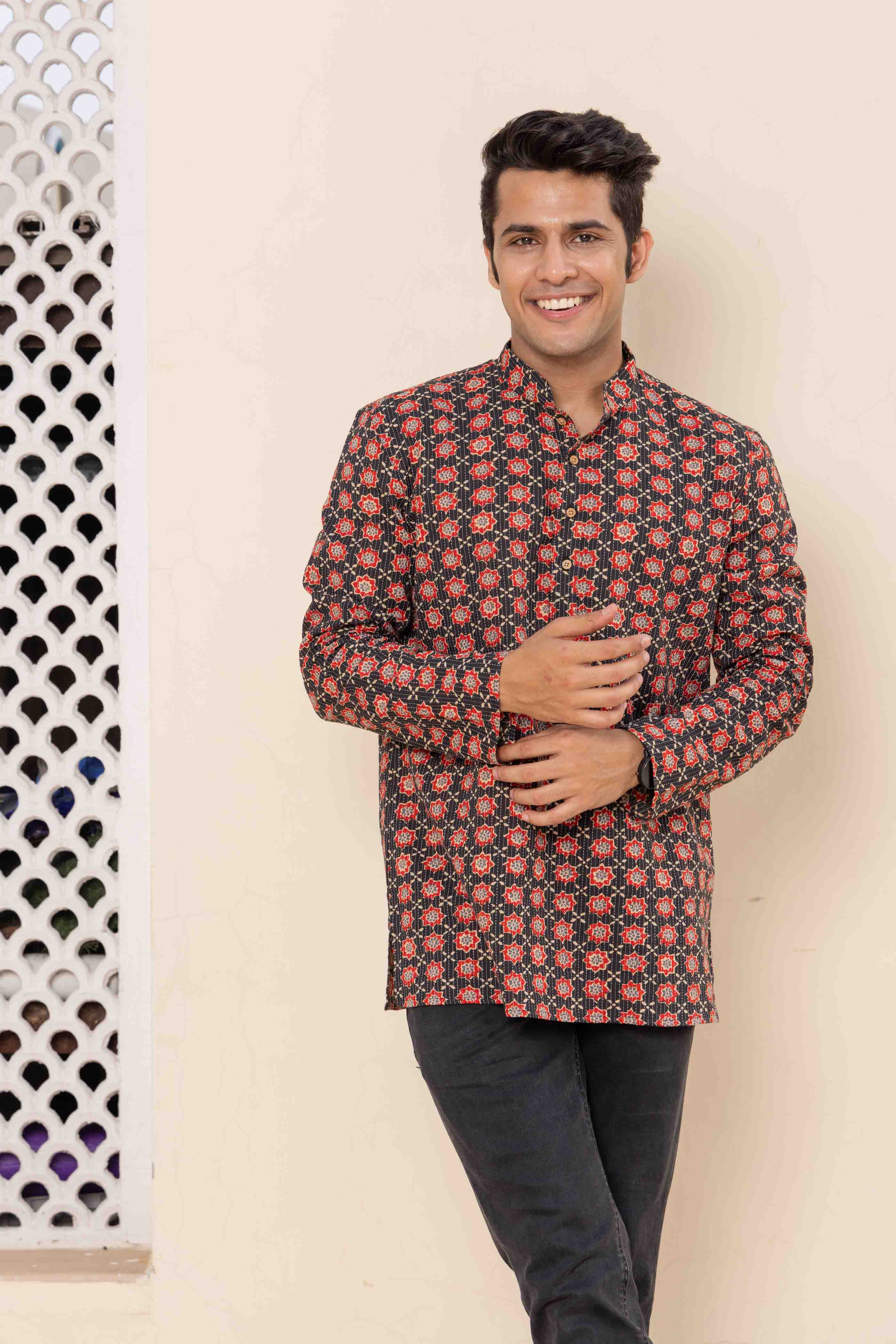 Black Block Print Cotton Short Kurta